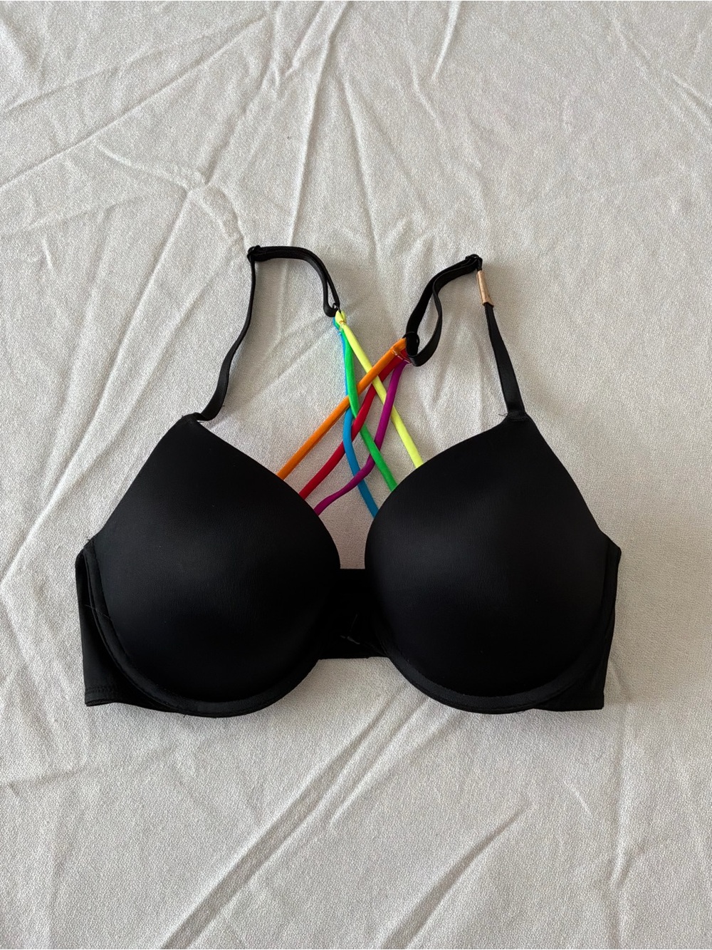 ******* Victoria's Secret Black Bra with Neon Multi-Strap Back b4 *******